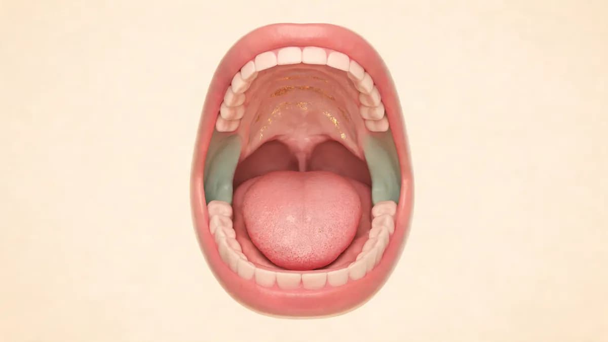 Medical illustration of the inside of a healthy mouth showing the tongue, palate, inner cheeks and gums
