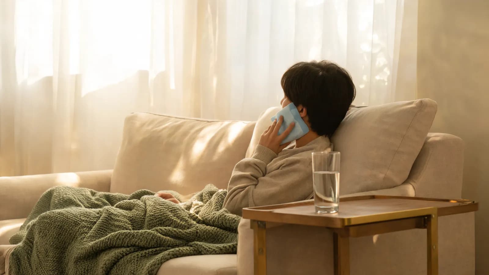 A young adult resting on a sofa at home with a cold compress held to the jaw after wisdom teeth surgery